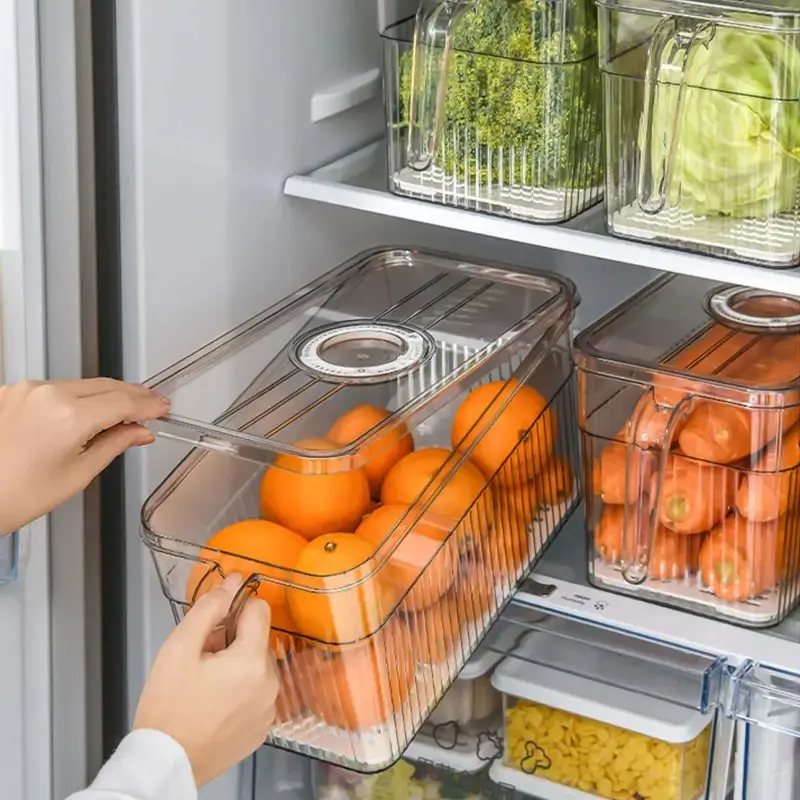 Caja de almacenamiento de plástico transparente fresco para cocina, organizador de nevera, contenedor de almacenamiento de alimentos para mascotas, frutas y verduras con tapa