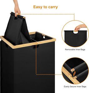 JQ Large Waschekorb <strong>Bamboo</strong> Foldable Dirty <strong>Laundry</strong> Basket Hamper with 2 Removable Inner <strong>Bags</strong> for Bedroom Clothes Storage - Product Image 4