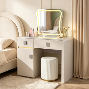 Coiffeuse moderne blanche avec miroir éclairé, tiroirs de rangement et armoire, table de maquillage pour chambre à coucher avec tabouret - Product Image 4