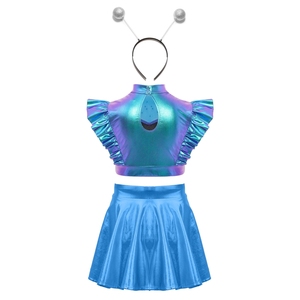 Conjunto de Disfraz Metálico de Alien para Niñas de 6 a 16 Años, Top Corto con Volantes y Falda en Línea A, para Fiestas Temáticas, Actuaciones en Escenario, Uso Diario Informal - Product Image 5