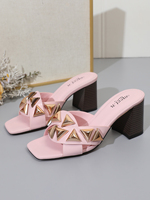 Sandales mules à talon épais et bout carré pour femme - Chaussures de mariage d'extérieur avec semelle extérieure en caoutchouc antidérapante, talon haut de 3 à 5 pouces