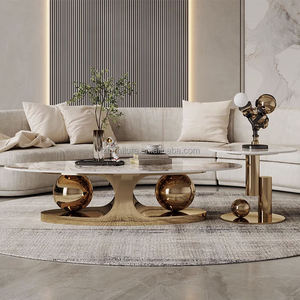Table basse ovale moderne en marbre blanc avec structure en acier, écologique et durable, pour salon, grande table dorée - Product Image 3