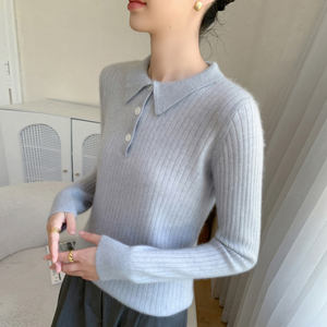 女式 Polo 领半纽扣 100% 羊绒针织套头衫 立式罗纹修身长袖纯色海军蓝毛衣，适合日常通勤 - Product Image 4