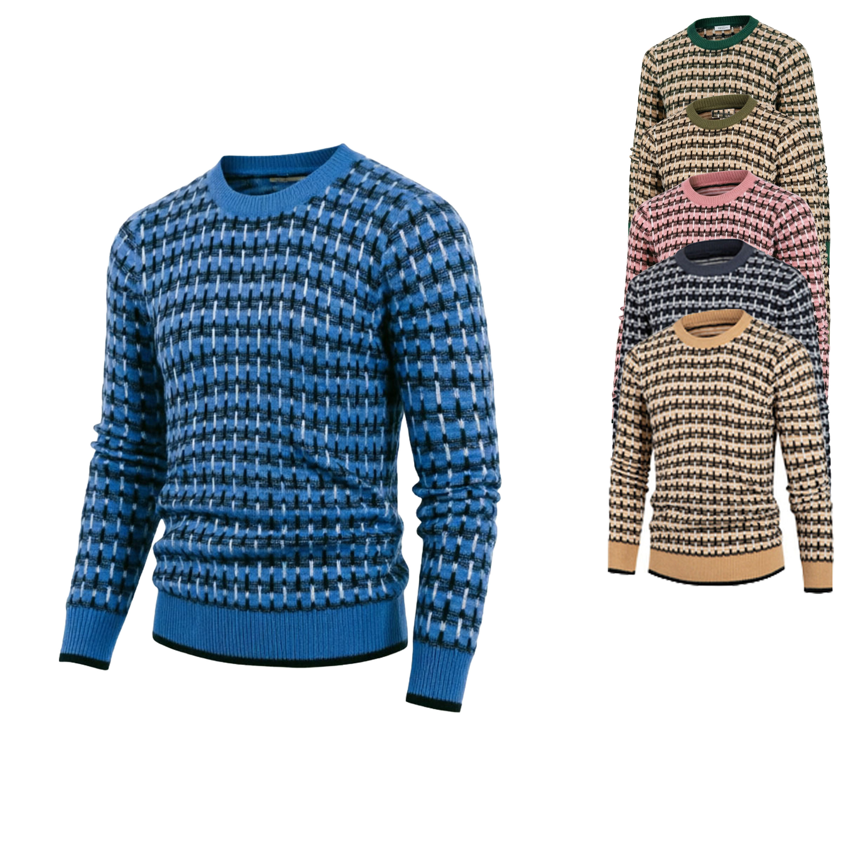 Custom Men's Crew Neck Sweater Plaid Jacquard Pullover Knitted for Man Slim Round Neck Winter Clothing