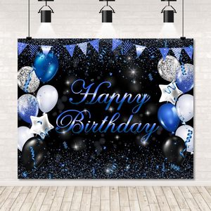 Fondo de fotografí<span class=keywords><strong>a</strong></span> azul y negro con purpurina, decoración elegante con globos y estrellas, pancarta personalizable para feliz cumpleaños - Product Image 1