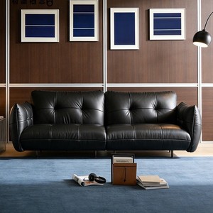 Sofá minimalista vintage negro de cuero genuino de tres plazas, sofá de lujo para sala de estar horizontal francesa - Product Image 1