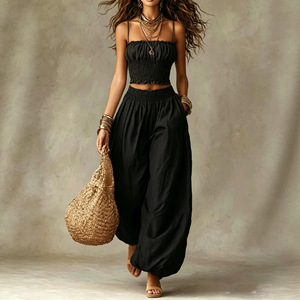 Kadınlar için İki Parçalı Yazlık Eşleşen Takımlar, Büzgülü Crop Top ve Aladdin Harem Pantolon Seti, Tatil Kıyafetleri 2026 - Product Image 4