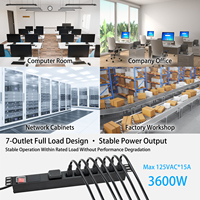 Barre d'alimentation Hereta 19 pouces 1U pour montage en rack, norme NEMA, 7 ports, protection contre les surtensions de classe D 10KA, prise standard américaine AC120V-240V