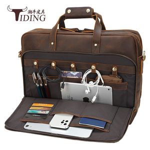 Tiding Retro Genuine Leather <b>Briefcase</b> Men Large Capacity Business Bag Dark Brown Multifunctional Shoulder Crossbody - Product Image 2
