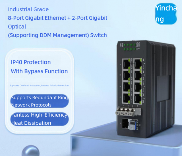 Yinchang Industrial 2-Port Optical & 8-Port Ethernet Switch with Optical Bypass, Media Converter & Splitter