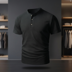 Men's Black Waffle Knit Henley T-<b>Shirt</b> <b>Slim</b> <b>Fit</b> Short Sleeve Casual Solid Color O-Neck Top - Product Image 4