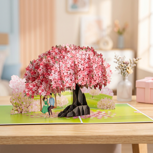 Carte pop-up 3D en papier artisanal, motif arbre de cerisier rose, cadeau Saint-Valentin, artisanat vietnamien, vente en gros - Product Image 1
