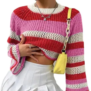Women's Striped Color Block Raglan Sleeve Pullover Crochet Knit Crop Sweater ColorblockPointelle Knit Crop Sweat