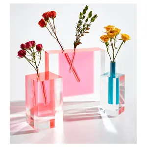 12x10 3/4x3 1/4 pembe akrilik çiçek vazo kristal masa gül vazolar blokları tüp