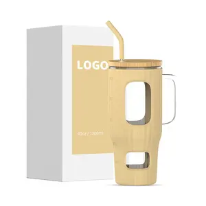 32oz 40oz Glass Tumbler With Bamboo Lid And Straw Bottle With Handle Reusable Cup With Silicone Sleeve