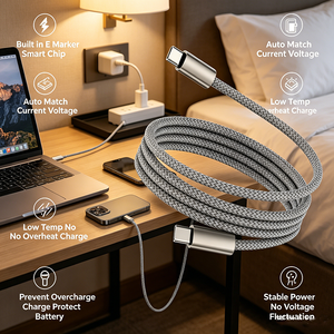 Cable de Carga Magnético Tipo C a Tipo C de 240W <span class=keywords><strong>PD3</strong></span>.<span class=keywords><strong>0</strong></span> con Enrollamiento Automático, Nylon Trenzado, Chip E-Marker, Carga Rápida Segura a Baja Temperatura - Product Image 1