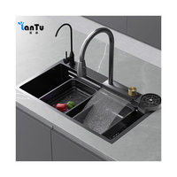 2024 nouvel évier intelligent évier de cuisine fait à la main moderne cascade noir nano évier de cuisine en acier inoxydable avec porte-couteau