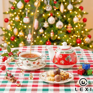 Set da Tè Natalizio LEXI Durevole per Una Persona, Teiera, Tazza e Piattino in Porcellana Bone China con Motivo a Ghirlanda Rossa e Verde, Regalo Festivo per la Casa - Product Image 3