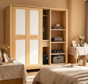 Armoire scandinave moderne en bois avec portes coulissantes et étagères ouvertes, meuble de rangement autoportant pour chambre à coucher - Product Image 3