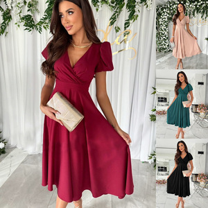 Vestido Midi <span class=keywords><strong>de</strong></span> Moda al por Mayor para Mujer, Cuello en V, Manga Abullonada, Cintura <span class=keywords><strong>Alta</strong></span>, Corte A, Elegante Vestido <span class=keywords><strong>de</strong></span> Noche Formal, <span class=keywords><strong>Vestidos</strong></span> <span class=keywords><strong>de</strong></span> Mujer - Product Image 2