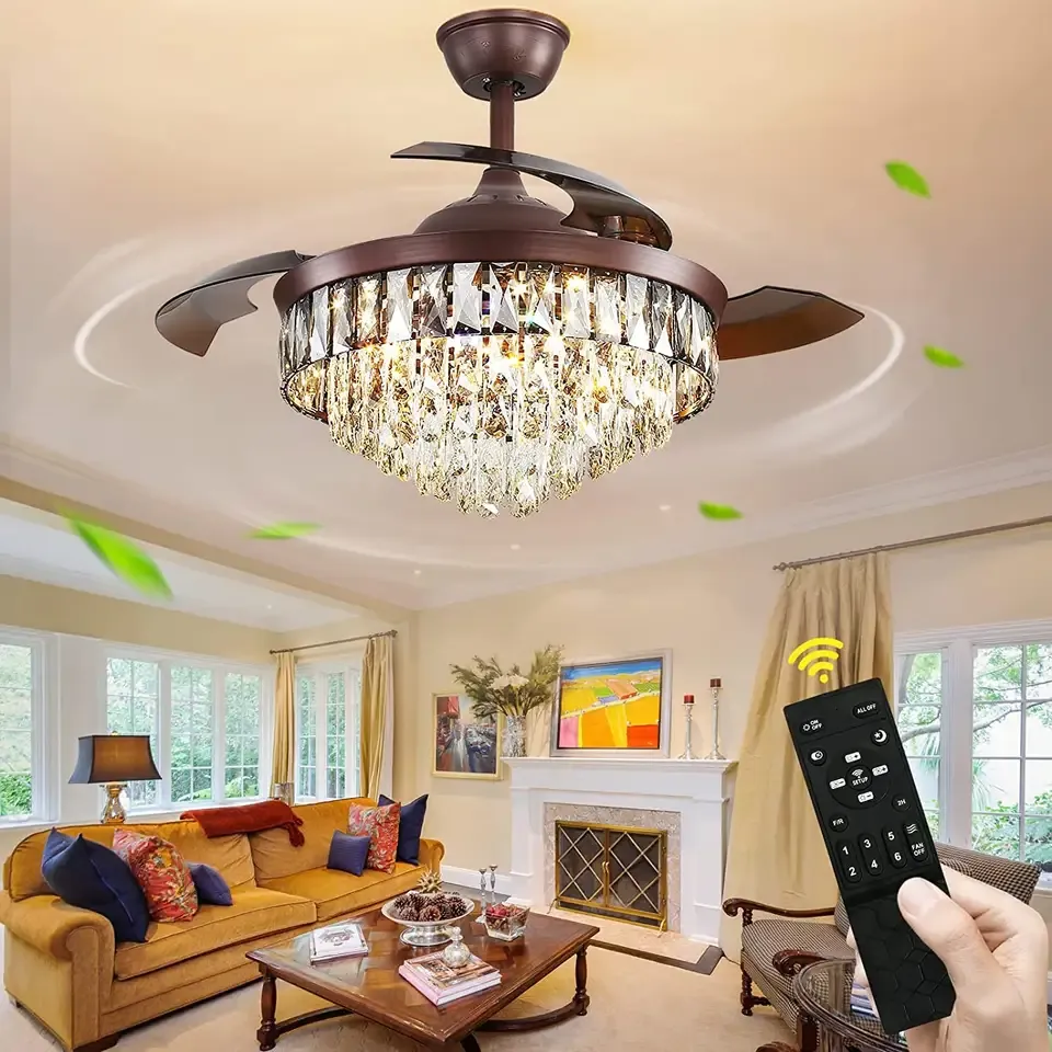 42" Retractable DC Motor LED Ceiling Fan with Remote Control 5 Blades Crystal Invisible Light 6-Speed Low Noise