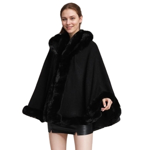 Women Faux Fur Hooded Cloak Flurry Rabbit Fur Trimmed Shawl Open Front Sleeveless <b>Wrap</b> for Traveling Street Walking - Product Image 4