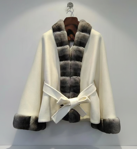 Nuovo <span class=keywords><strong>Cappotto</strong></span> Corto Invernale da <span class=keywords><strong>Donna</strong></span> in Lana e Cashmere, Scollo a V, con Bordo in Vera <span class=keywords><strong>Pelliccia</strong></span> di Chinchilla, Vestibilità Ampia, Spesso e Caldo - Product Image 1