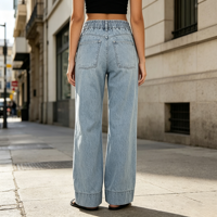 Celana Jeans Wanita Model Baggy Wide Leg Denim Pinggang Rendah Elastis Lembut Kasual Gaya Sehari-hari