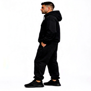 Survêtement à capuche en molleton de coton noir pour homme, fermeture éclair intégrale, avec poches latérales, tenue décontractée d'hiver, coupe oversize, couleur unie - Product Image 4
