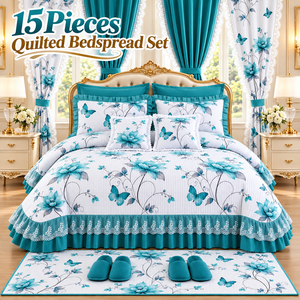 Set Copriletto Trapuntato Floreale da 15 Pezzi con Tende Coordinate per Arredamento Camera da Letto all'Ingrosso - Product Image 1