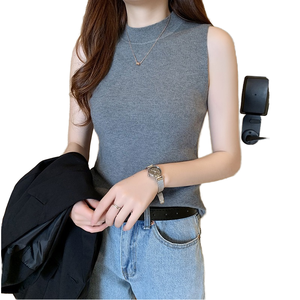 Chaleco de punto bordado de verano para mujer, cuello mandarín medio alto, ajuste ceñido, sin mangas, para usar como capa interior - Product Image 1