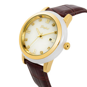 Elegante reloj de jade sintético con caja de aleación de oro, marcadores de diamantes y correa de cuero PU marrón – Reloj de cuarzo Miyota para mujer - Product Image 4