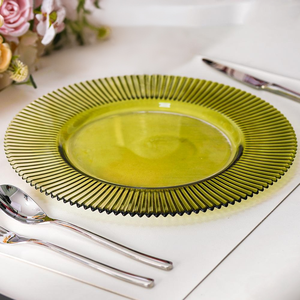 Piring Sajian Kaca Berwarna Transparan dengan Pinggiran Bergaris dan Teknik Enamel Berwarna untuk Acara Pernikahan - Product Image 3