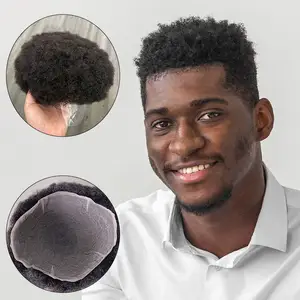 Ufficiale hrf a bassa densità disponibile pezzo di capelli corti afro ricci radici q6 capelli umani 100% seta piena svizzera base pizzo toupee per uomo