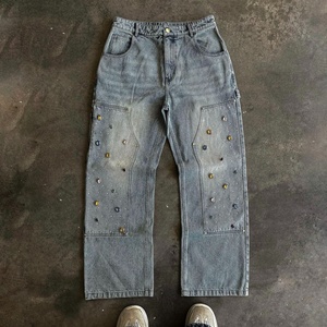 High Quality Customized Manufacturer Vintage Acid Wash <b>Cargo</b> Rhinestone Unisex Pants Baggy Denim Jeans Men OEM Serviced - Product Image 4