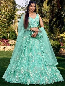 Lehenga ตาข่ายสีฟ้าเทอร์ควอยซ์ที่งดงามด้วยด้ายที่ซับซ้อนปักทำงานสไตล์อินเดียดั้งเดิมวัสดุเนื้อนุ่มสวมใส่ในงานปาร์ตี้ - Product Image 6
