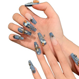 Unghie Finte Lunghe in Denim Vintage Stile Ragazza Nera Fatte a Mano, Copertura Completa, Forma Quadrata, 10 Pezzi per Dita - Product Image 3