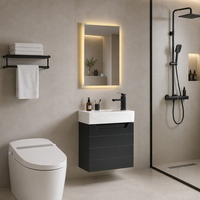 Meuble-lavabo mural flottant moderne et minimaliste noir avec vasque en céramique et miroir LED à interrupteur tactile pour usage hôtelier