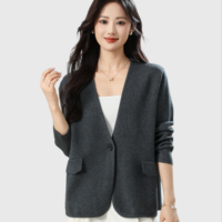 Maßgeschneiderter Damen-Strickblazer mit Einzelknopf, aufgesetzter Tasche, locker geschnittene Strickjacke, Damen-Strickjacke, Damenpullover
