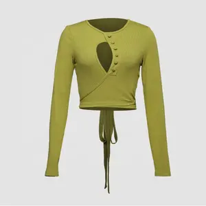 OEM ODM Women Tshirt Vintage Hollow Out Button Knit Tops Buttons Long Sleeve Tie Up Waist Crop Shirt