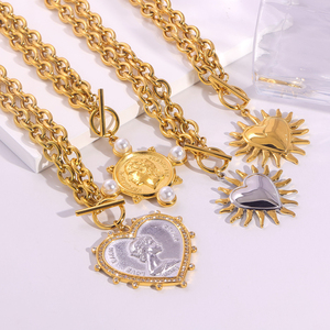 JUSNOVA kalung baja tahan karat 18K wanita, perhiasan Vintage lapis emas dengan liontin koin berbentuk bulat untuk hadiah acara - Product Image 2