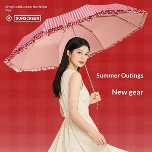 Parapluie d'été anti-UV à carreaux et dentelle, pliable en trois sections, double usage soleil/pluie, manche en bois massif, coloré, manuel, pour femme, OEM Zhejiang - Product Image 3