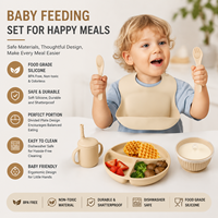 Ensemble de vaisselle en silicone de qualité alimentaire non toxique au design moderne pour enfants, comprenant une fourchette à ventouse, une cuillère, un bavoir pour tout-petits, une assiette et une boîte