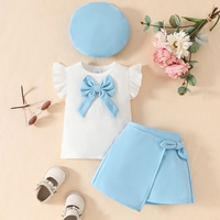 Ensemble Filles Bébé Nouvel An, Haut Manches Courtes Grand Nœud, Jupe Irrégulière et Béret 3 Pièces, Tenue de Noël pour Tout-petits