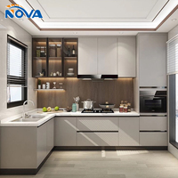 Meuble de cuisine moderne en L, corps en MDF, porte laquée brillante avec panneau d'îlot, vente en gros