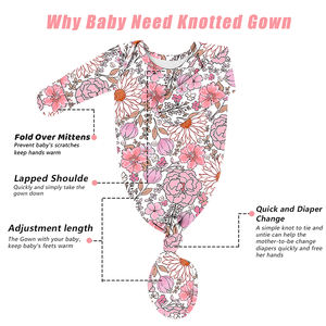Robe de nuit nouée à imprimé floral pour nouveau-né, avec poignets mitaines et bandeau-chapeau, douce, pour 0-6 mois, tenue de sortie de maternité - Product Image 2