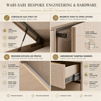 Lit plateforme Tatami Wabi-Sabi sur mesure avec armoire murale intégrée et bureau pour penthouse de luxe