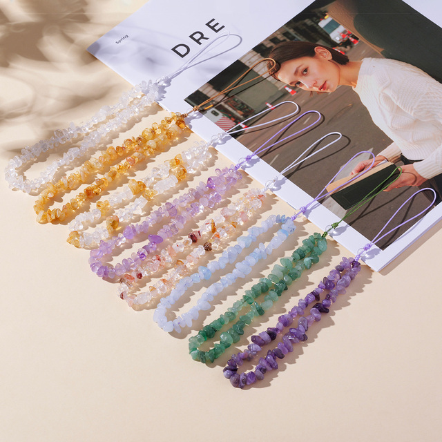 Natural Crystal Chip Phone Lanyard Healing Stone Beaded Phone Strap Boho Gemstone Wristlet Charm for Women