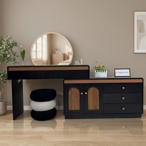 Modern Black Wood Makeup <b>Vanity</b> with Lighted Round <b>Mirror</b> and Storage Drawers for Bedroom Furniture - Product Image 4
