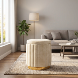 Modern Velvet Storage Ottoman with Gold Base Contemporary Living Room Furniture Beige Upholstered <b>Stool</b> for Home Use - Product Image 1